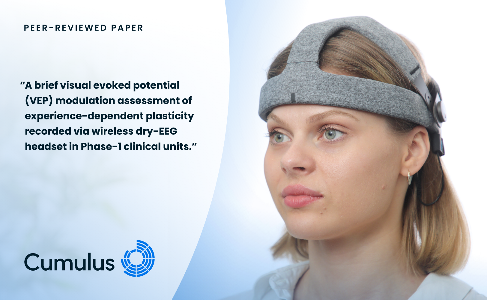Image showing Cumulus headset in use alongside pull quote for the VEP paper